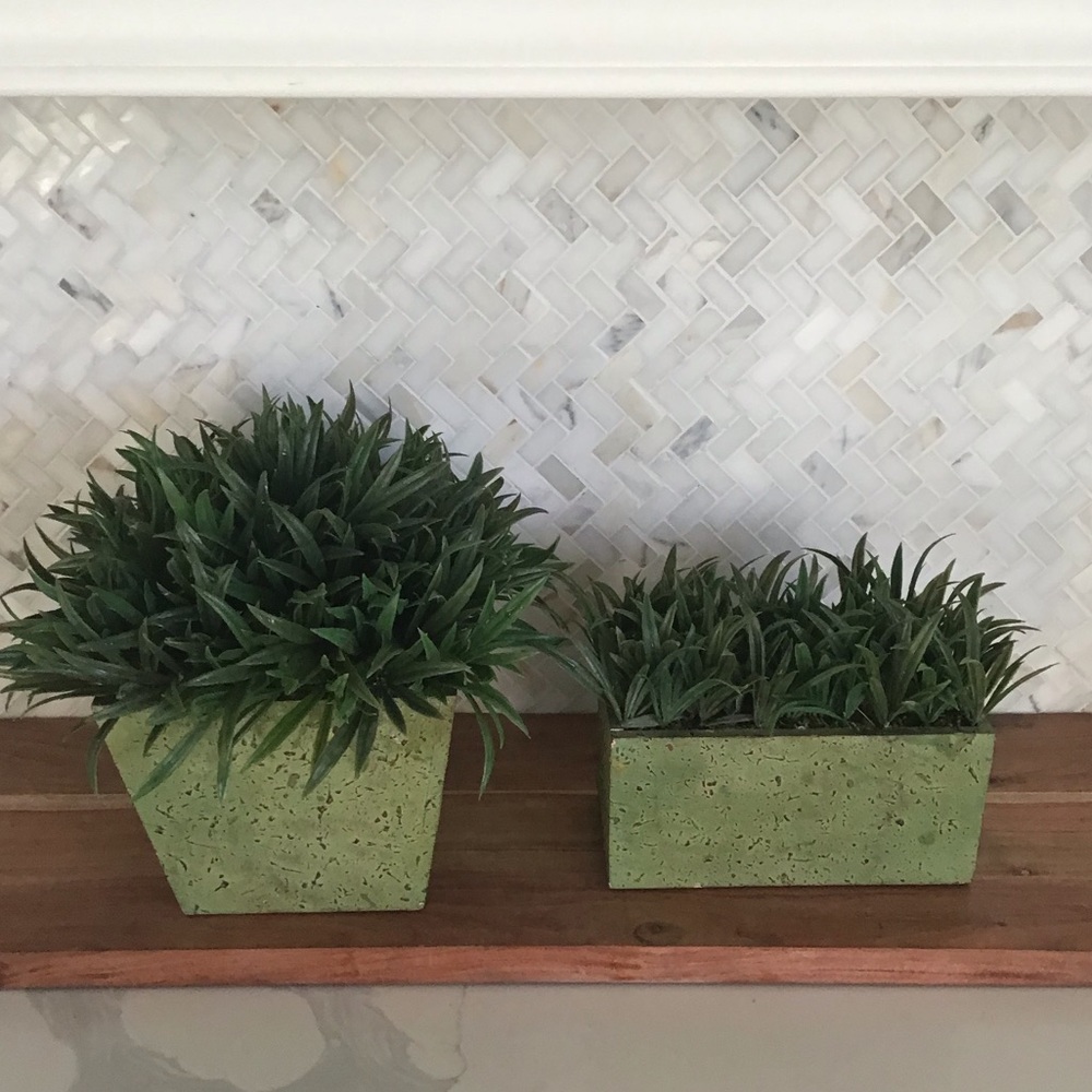Two Faux Florals In Distressed Green Planters
